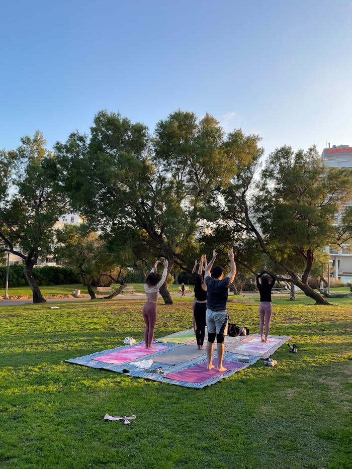 Group practicing yoga on mats in a sunlit park in Tel Aviv, Israel, blending nature with fitness.